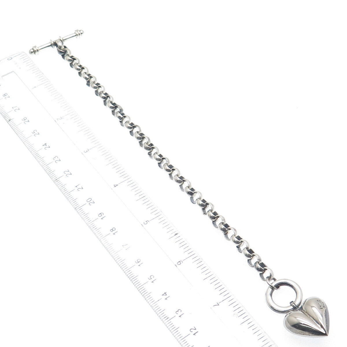925 Sterling Silver Vintage "X" Heart Charm Oxidized Rolo Link Bracelet 6.75"