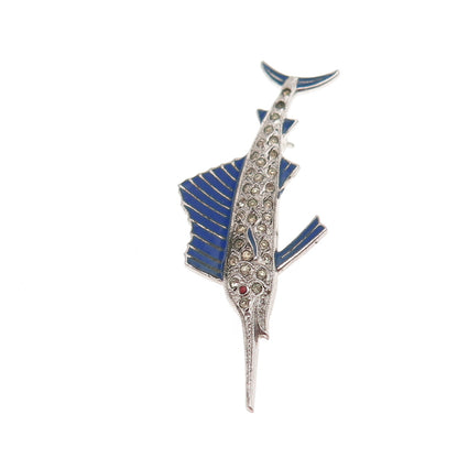 925 Sterling Antique Enamel & Rhinestone Swordfish Pin Brooch (missing 2 stones)