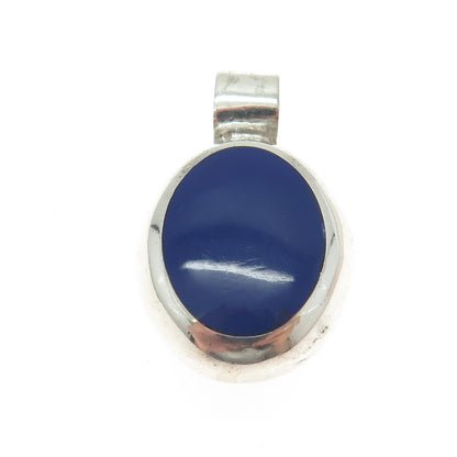 925 Sterling Silver Vintage Mexico Real Turquoise & Lapis Gem Dual Sided Pendant