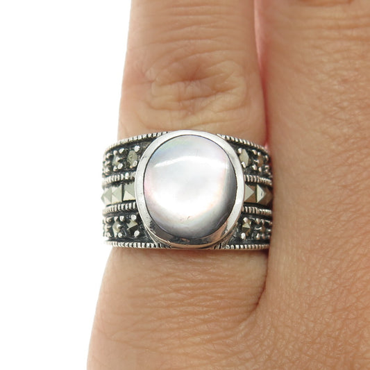 925 Sterling Silver Vintage Real Abalone Shell & Marcasite Gemstone Ring Size 5