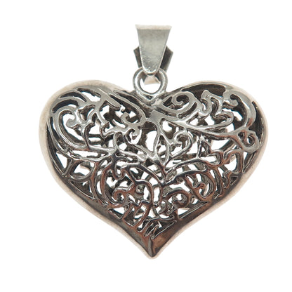 925 Sterling Silver Vintage Modernist Ornate Heart Oxidized Pendant