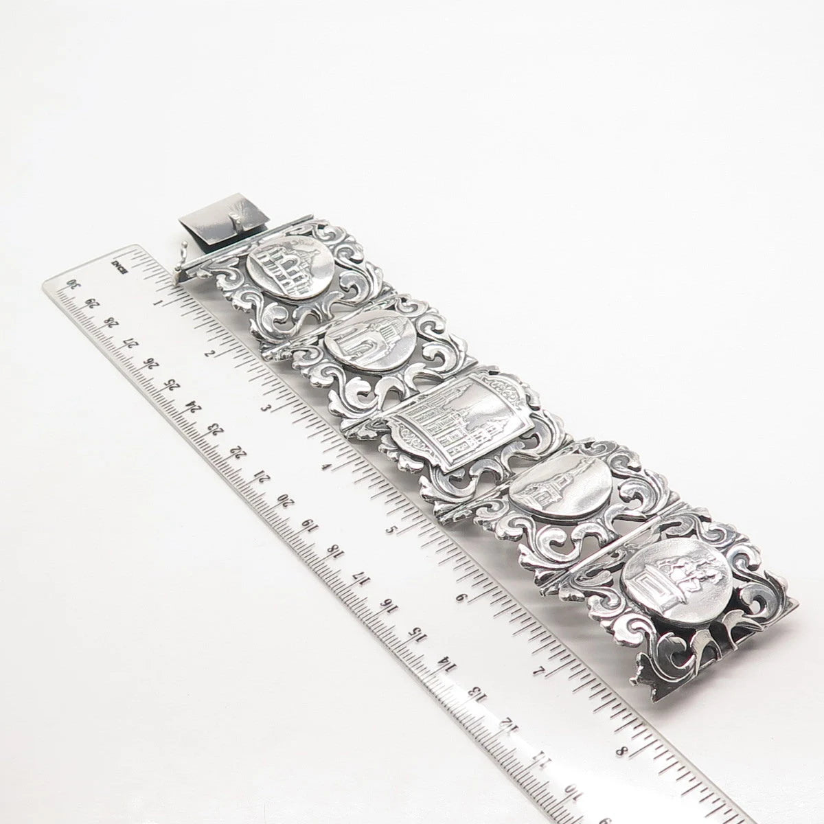 925 Sterling Silver Vintage Mexico Orante Wide Panel Link Bracelet 7.75"