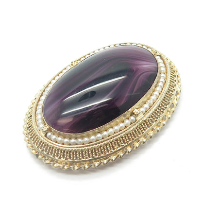 925 Sterling Silver Gold Plated Vintage Real Pearl & Lavender Glass Pin Brooch