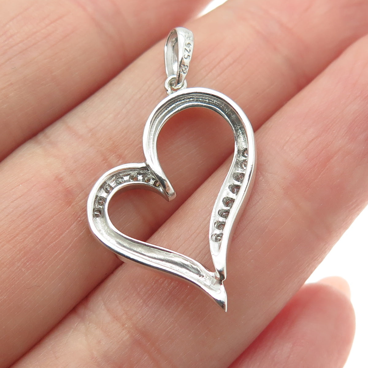 925 Sterling Silver Real Round-Cut Diamond Heart Charm Pendant