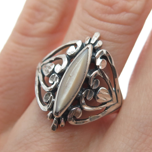 SILVER CLOUD 925 Sterling Silver Vintage Real MOP Heart Ornate Ring Size 10