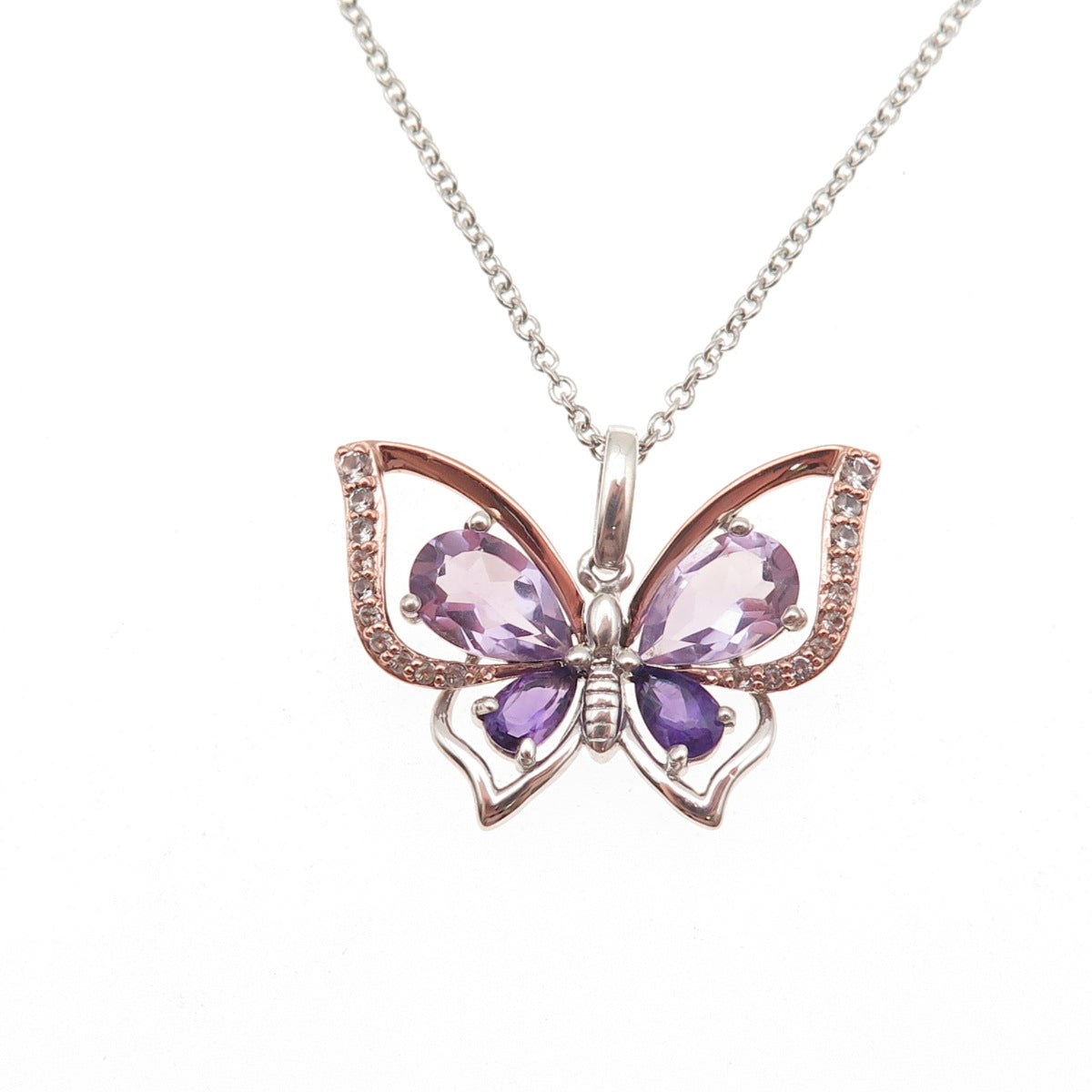 925 Sterling 10K Gold Real Amethyst & Blue Topaz Butterfly Chain Necklace 18"
