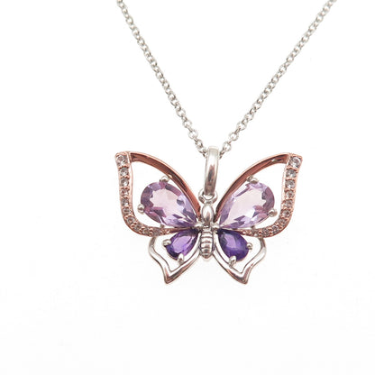 925 Sterling 10K Gold Real Amethyst & Blue Topaz Butterfly Chain Necklace 18"