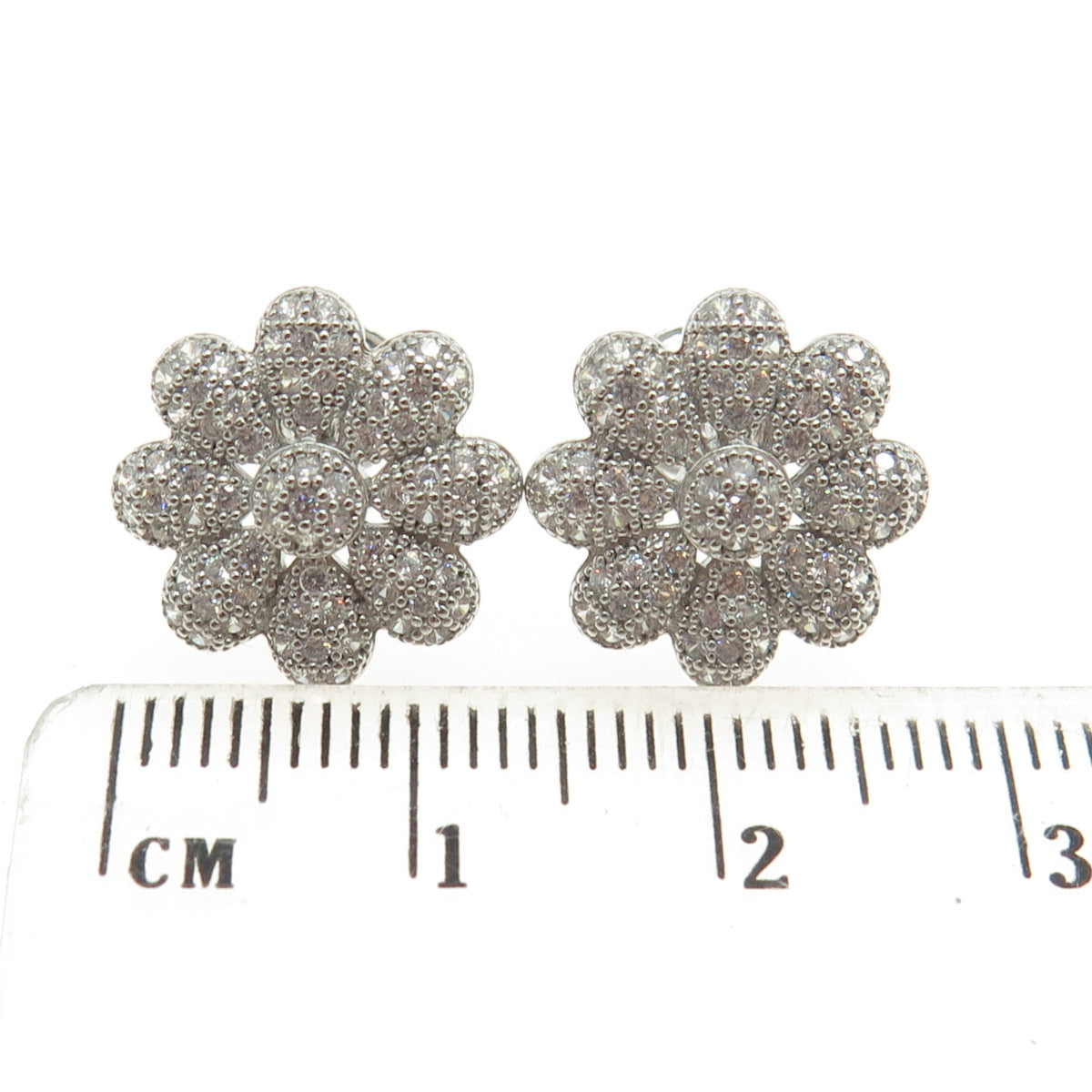 925 Sterling Silver Round-Cut C Z Flower Earrings