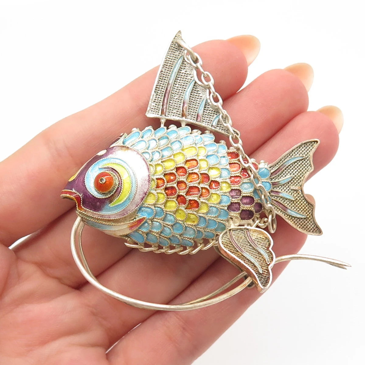 925 Sterling Silver Antique Colorful Enamel Articulated Chinese Koi Fish Fob