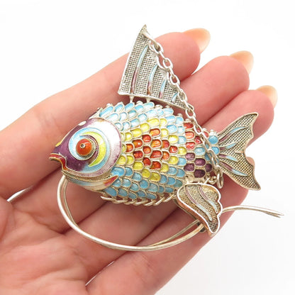 925 Sterling Silver Antique Colorful Enamel Articulated Chinese Koi Fish Fob