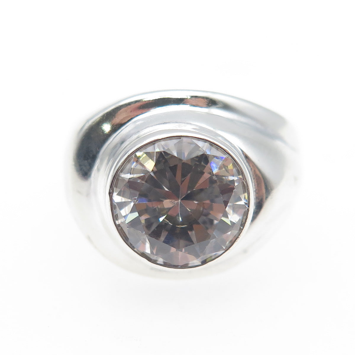 925 Sterling Silver Vintage Mexico Round-Cut C Z Modernist Ring Size 5.25