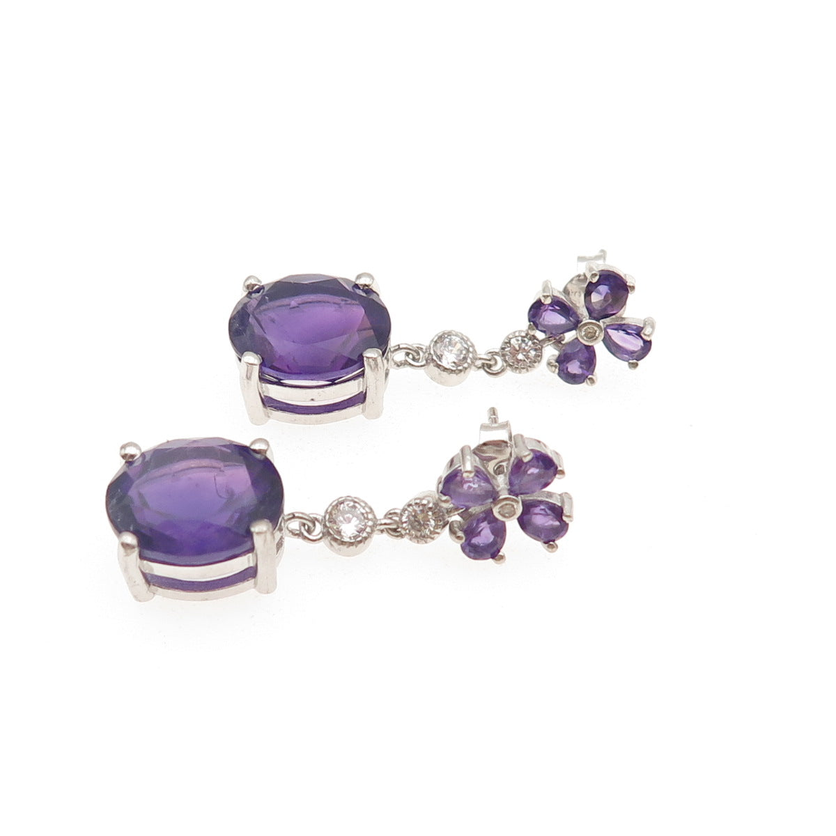 925 Sterling Silver Vintage Real Amethyst & C Z Dangle Earrings