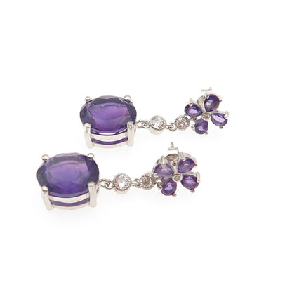 925 Sterling Silver Vintage Real Amethyst & C Z Dangle Earrings