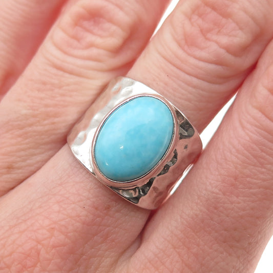 Shube 925 Sterling Silver Vintage Real Turquoise Hammered Ring Size 7.25