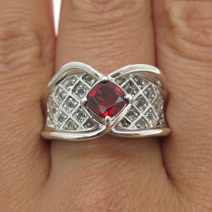 925 Sterling Silver Real White Topaz & Red Garnet Gemstone Ring Size 9.25