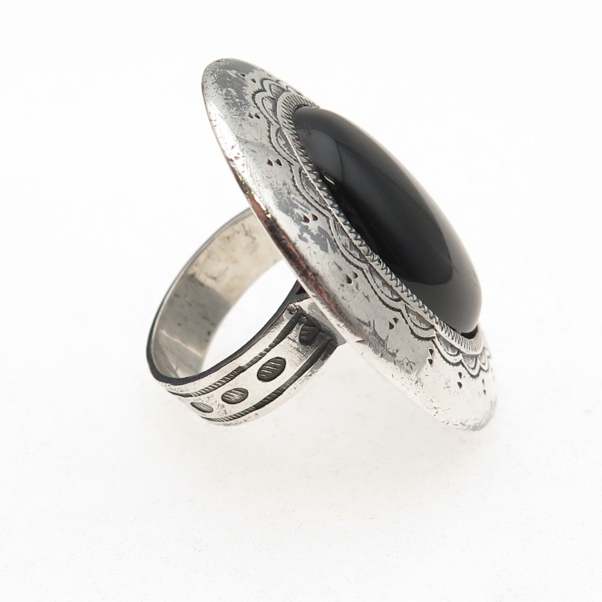 925 Sterling Silver Vintage Mexico Black Onyx Oxidized Statement Ring Size 8.5