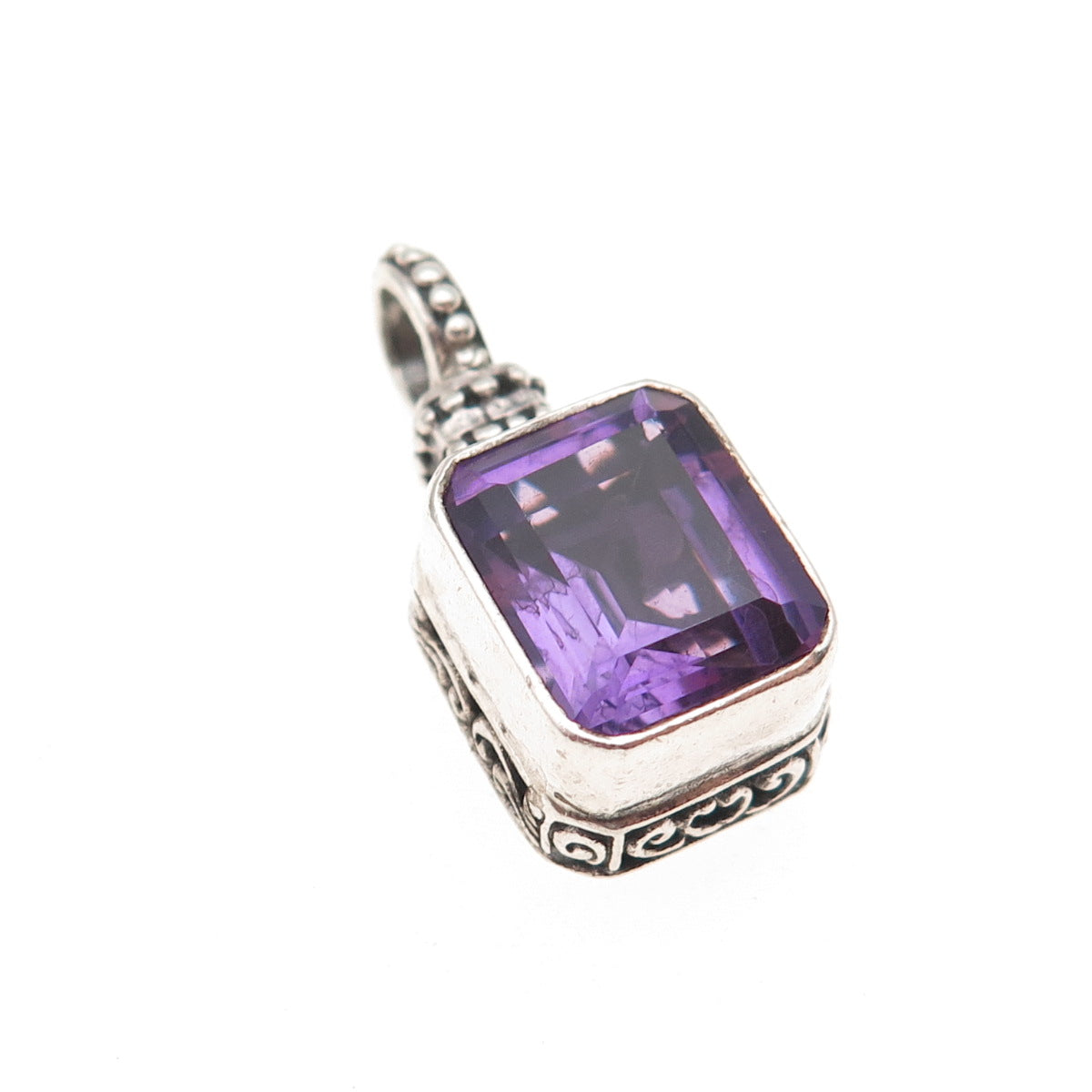 925 Sterling Silver Vintage Real Emerald-Cut Amethyst Beaded Charm Pendant