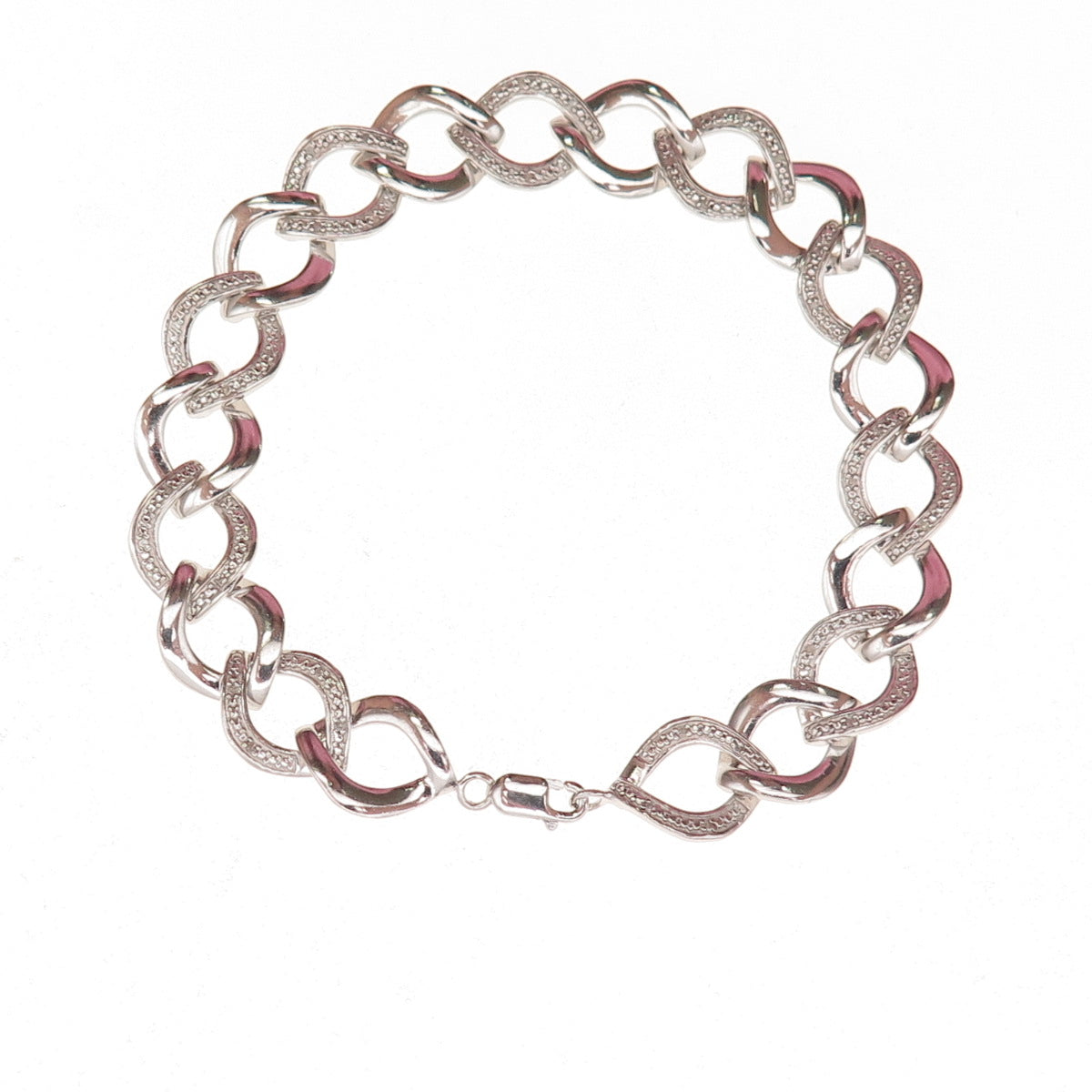 925 Sterling Silver Real Round-Cut Diamond Curb Link Bracelet 7.25"