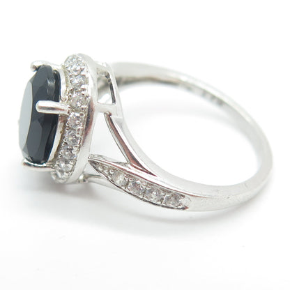 925 Sterling Silver Real Black Spinel Gemstone & C Z Ring Size 6.75