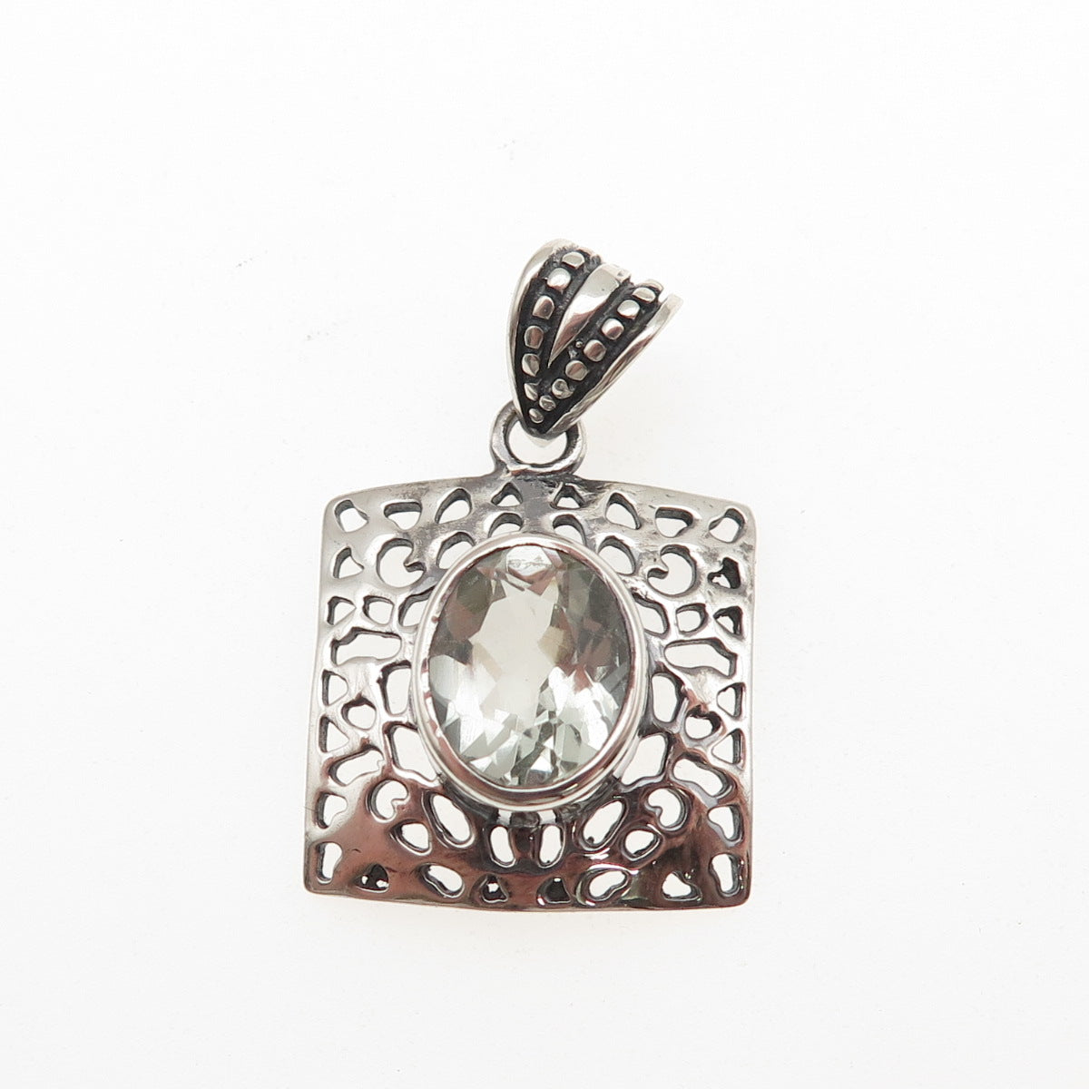 925 Sterling Silver Vintage Real Green Amethyst Modernist Charm Pendant