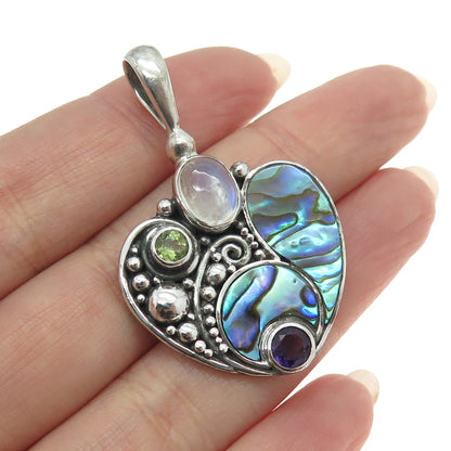 SAJEN 925 Sterling Silver Vintage Abalone Shell Peridot Moonstone Gem Pendant