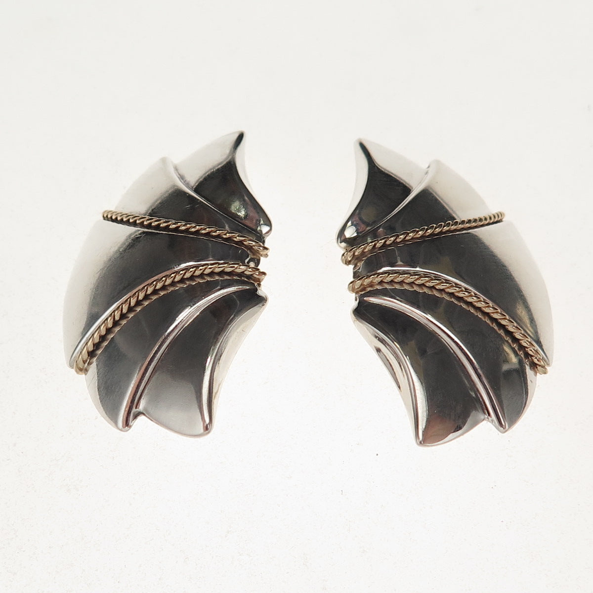 925 Sterling Silver 14K Gold Vintage Modernist Wing Earrings