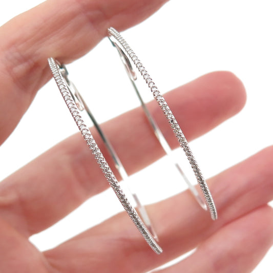925 Sterling Silver Real Round-Cut Diamond Hoop Earrings