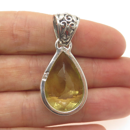 925 Sterling Silver Vintage Real Pear-Cut Lime Citrine Ornate Teardrop Pendant