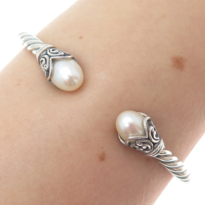 925 Sterling Silver Vintage Real Pearl Floral Oxidized Cuff Bracelet 6.25"