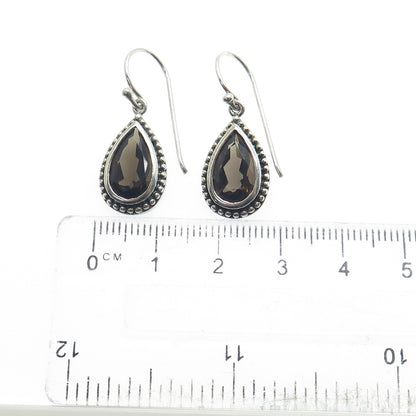 925 Sterling Silver Vintage Real Pear-Cut Smoky Quartz Dangle Earrings