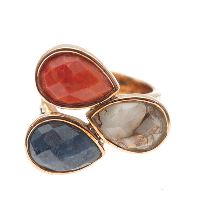 BARSE Gold Plated Real Natural Matrix Quartz Coral & Sodalite Ring Size 9