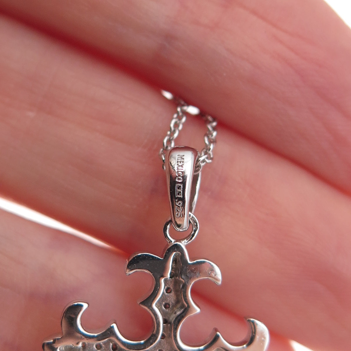 925 Sterling Mexico Real Diamond Fleur de Lis Cross Cable Chain Necklace 18"