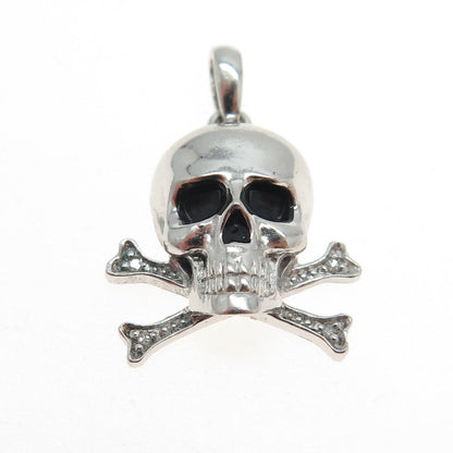 925 Sterling Silver Enamel Real Round-Cut Diamond Skull Crossbones Pendant