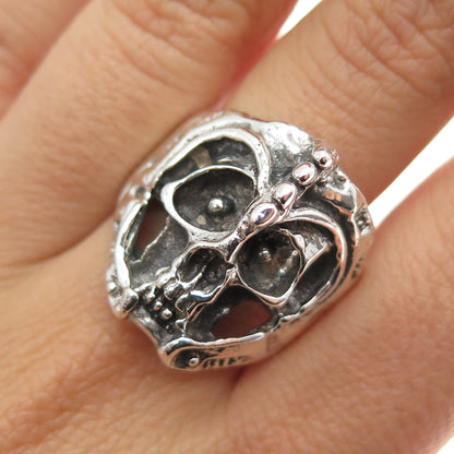 925 Sterling Silver Vintage Skull Oxidized Biker Ring Size 10.5