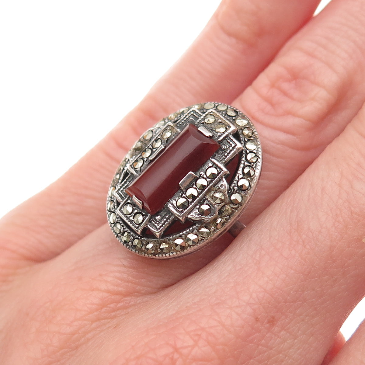 925 Sterling Silver Antique Art Deco Real Carnelian & Marcasite Ring Size 5