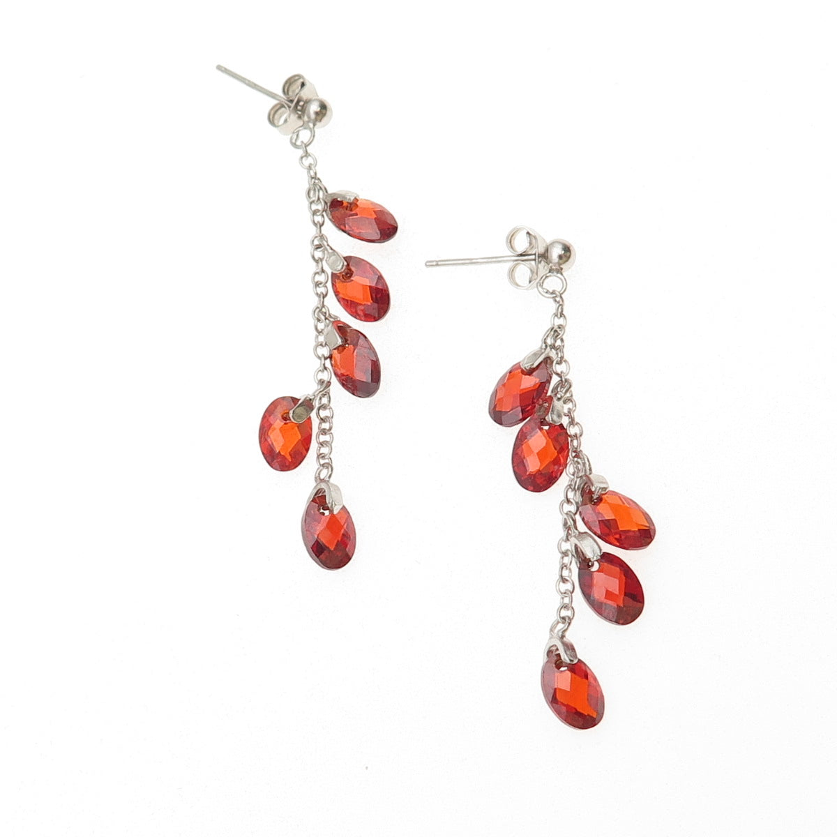 925 Sterling Silver Oval-Cut Red C Z Beads Dangle Chain Earrings