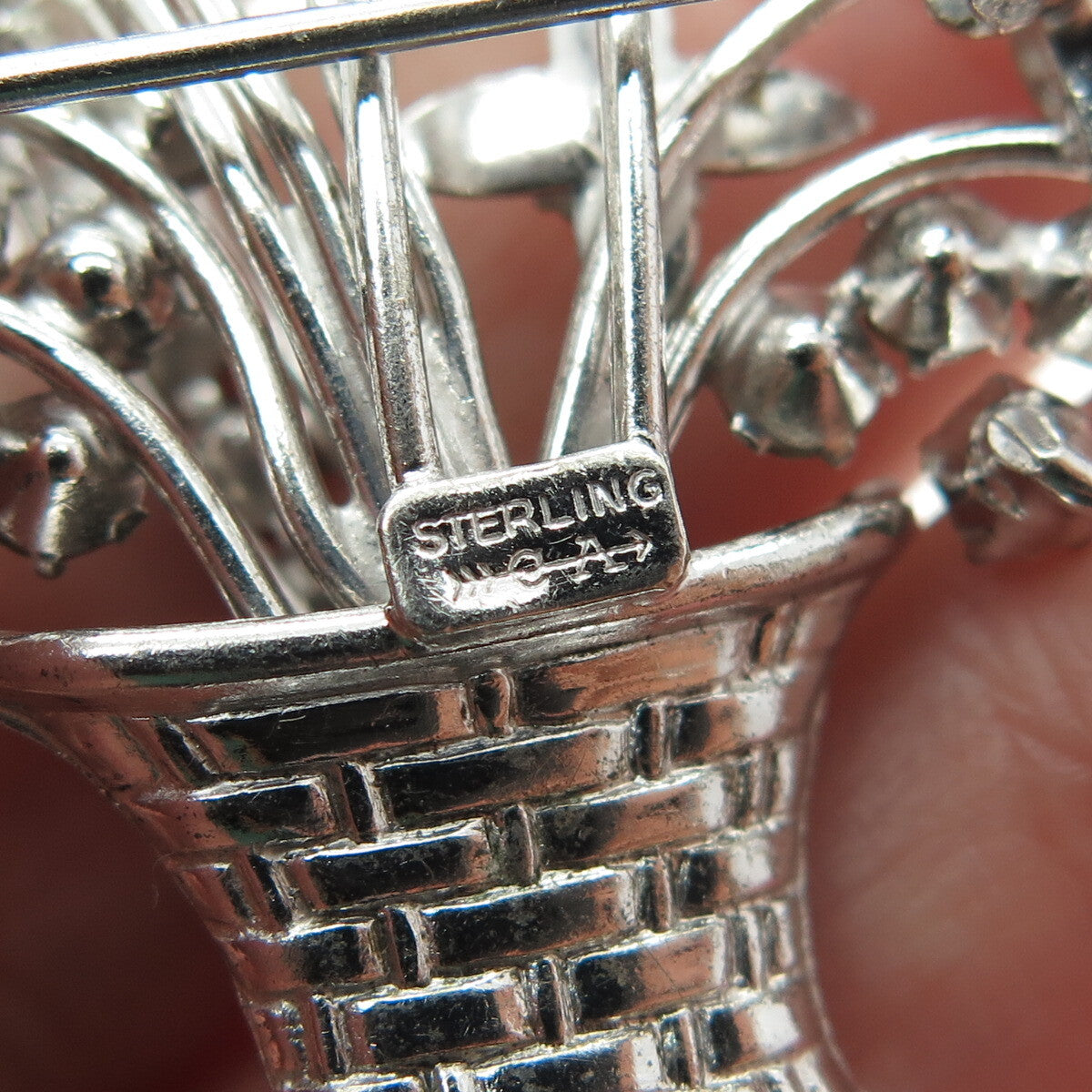 CARL ART 925 Sterling Silver Antique Art Deco Rhinestone Flower Basket Brooch