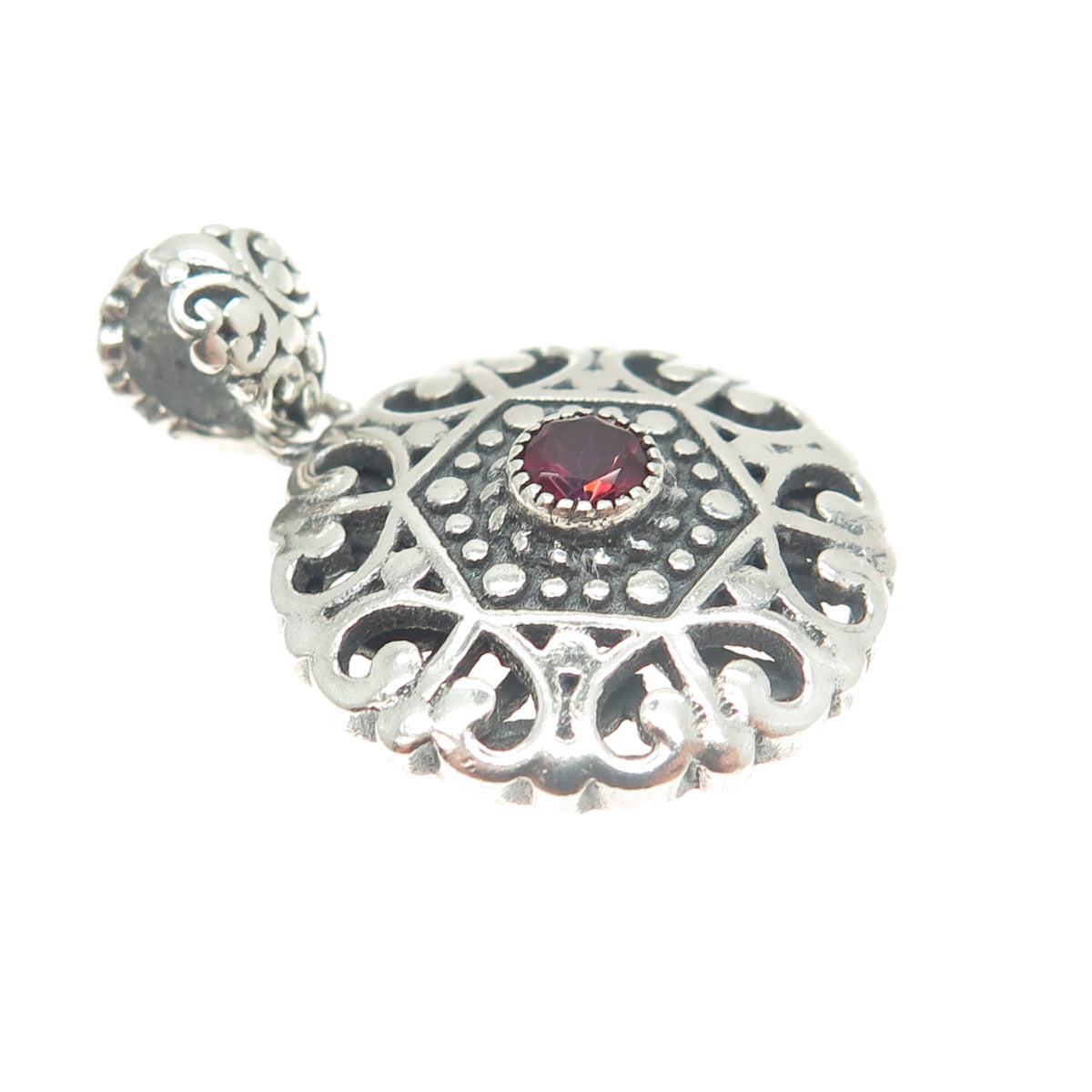 BERIA 925 Sterling Silver Round-Cut Red Rhinestone Ornate Pendant