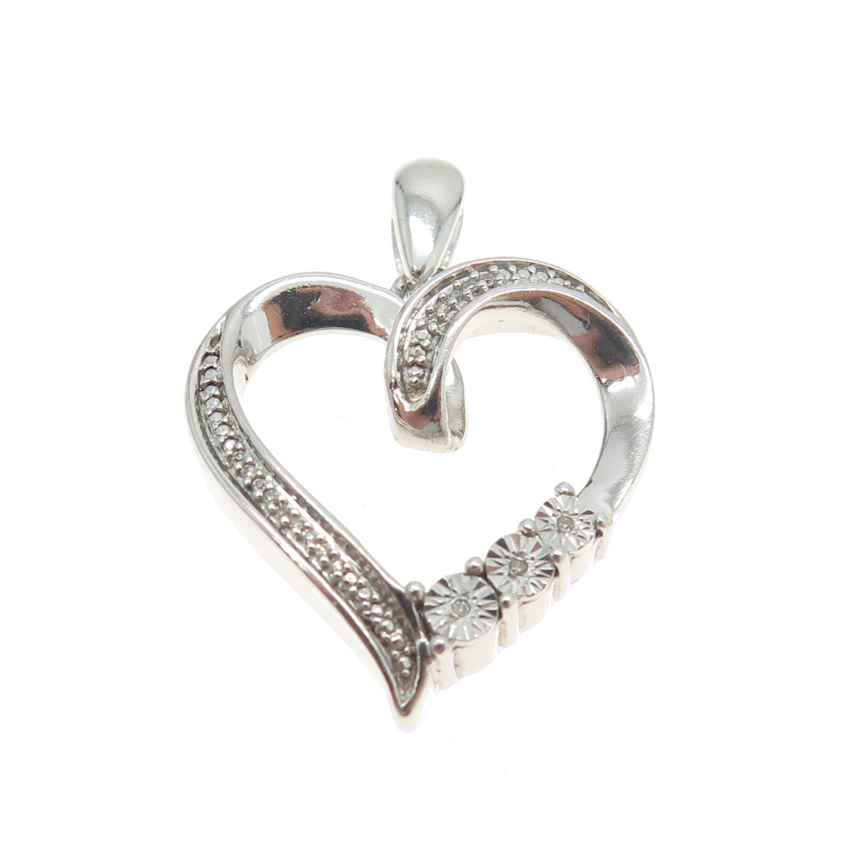 925 Sterling Silver Real Round-Cut Diamond Open Heart Pendant