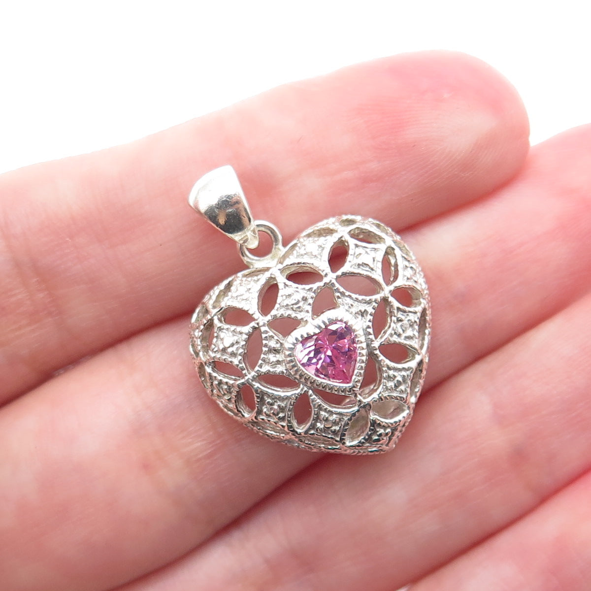 AVON 925 Sterling Silver Vintage Pink C Z Heart Charm Pendant