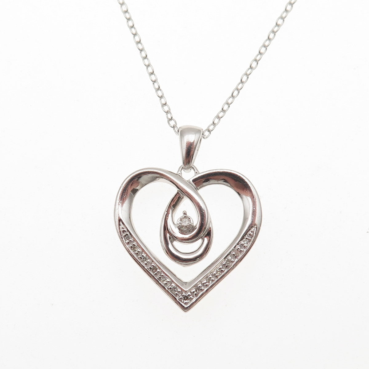 925 Sterling Silver Real Round-Cut Diamond Heart Cable Chain Necklace 18"