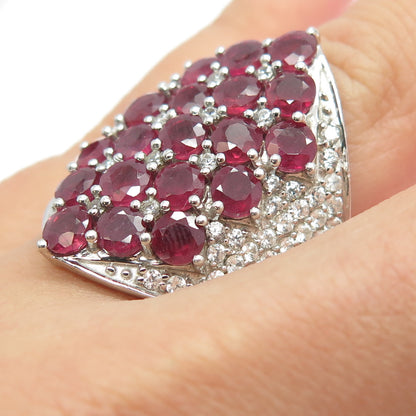 925 Sterling Silver Real White Topaz & Ruby Gemstone Statement Ring Size 7