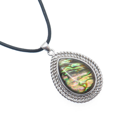 HAN 925 Sterling Silver Real Abalone Shell Teardrop Pendant Cord Necklace 18"