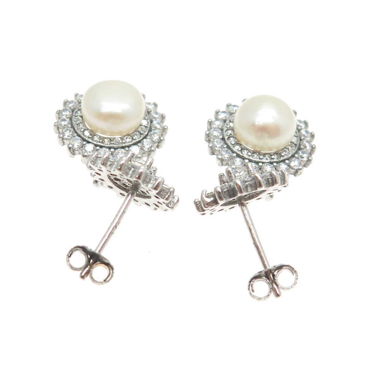 925 Sterling Silver Real Pearl & Round-Cut C Z Flower Dangling Earrings