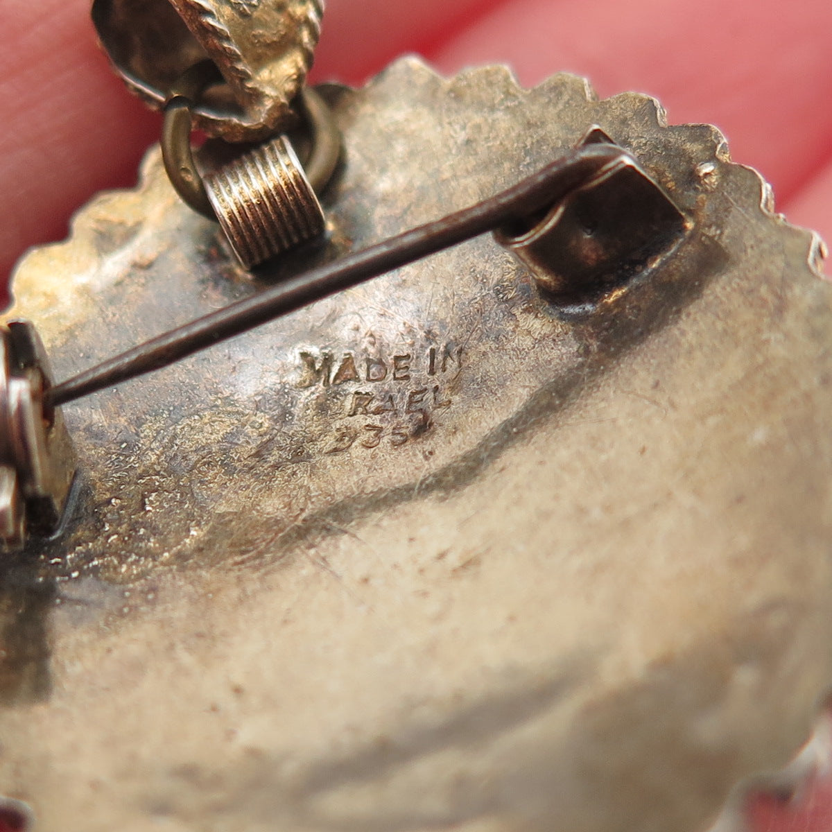 935 Silver Gold Plated Vintage Israel Faux Turquoise Pin Brooch / Pendant