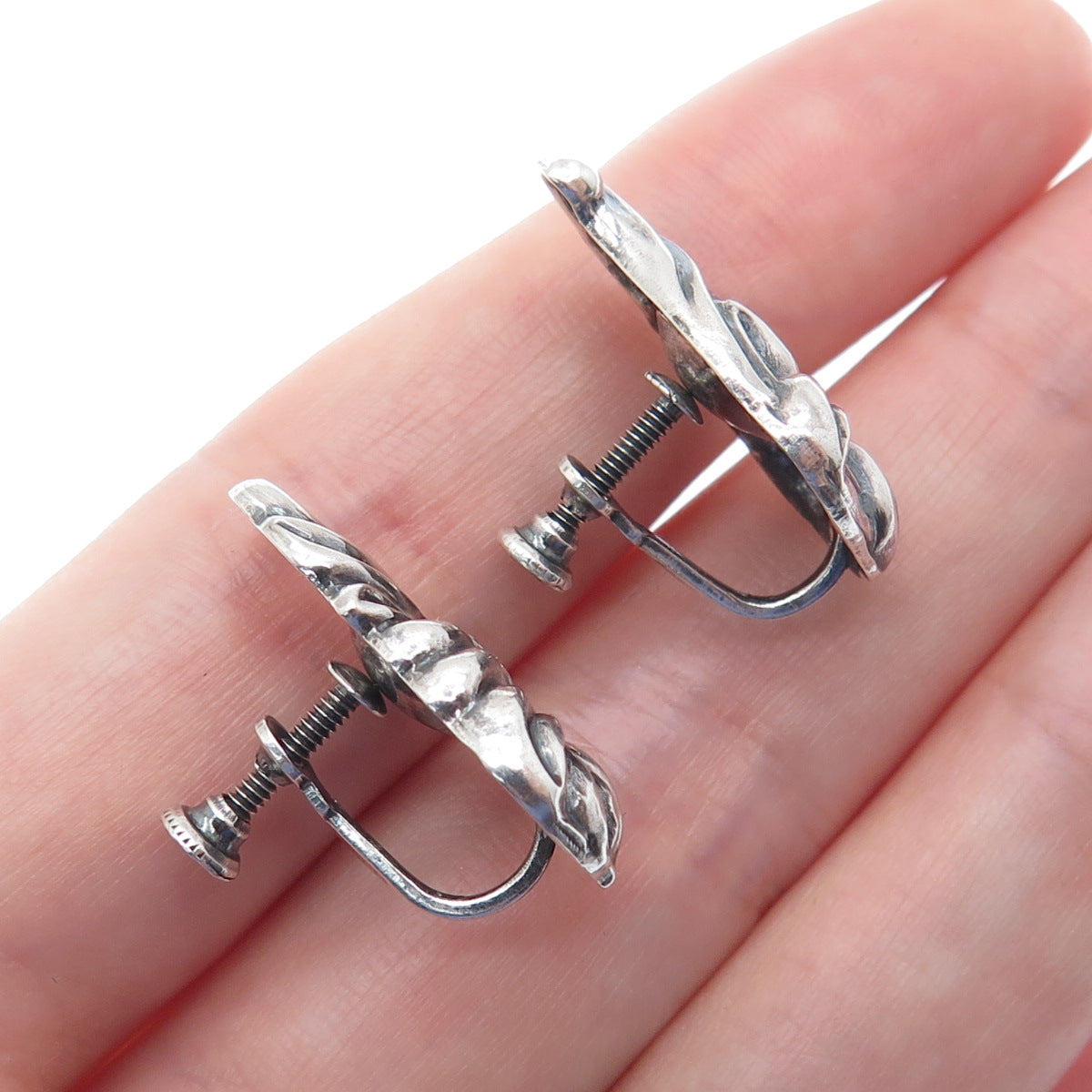 925 Sterling Silver Vintage Flower Repousse Oxidized Screw Back Earrings
