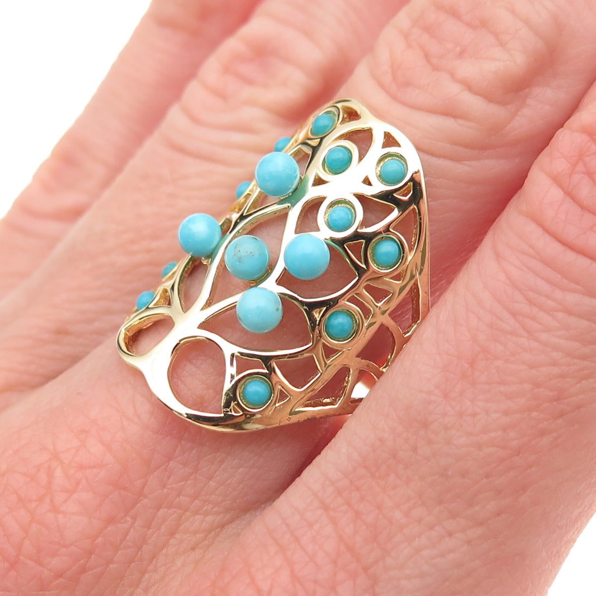 Tehya Oyama Sterling Silver Gold Plated Real Turquoise Tree of Life Ring Size 8