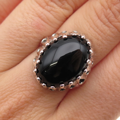 KABANA 925 Sterling Silver Vintage Real Black Onyx Modernist Ring Size 8.25