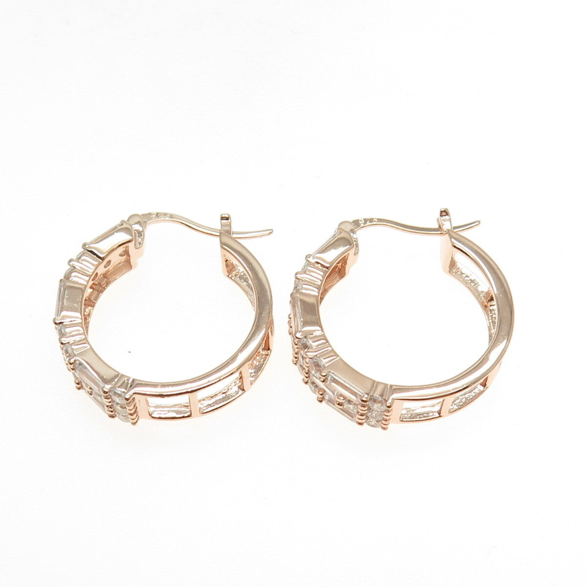 925 Sterling Silver Rose Gold Plated Emerald Round-Cut Shaped C Z Hoop Earrings