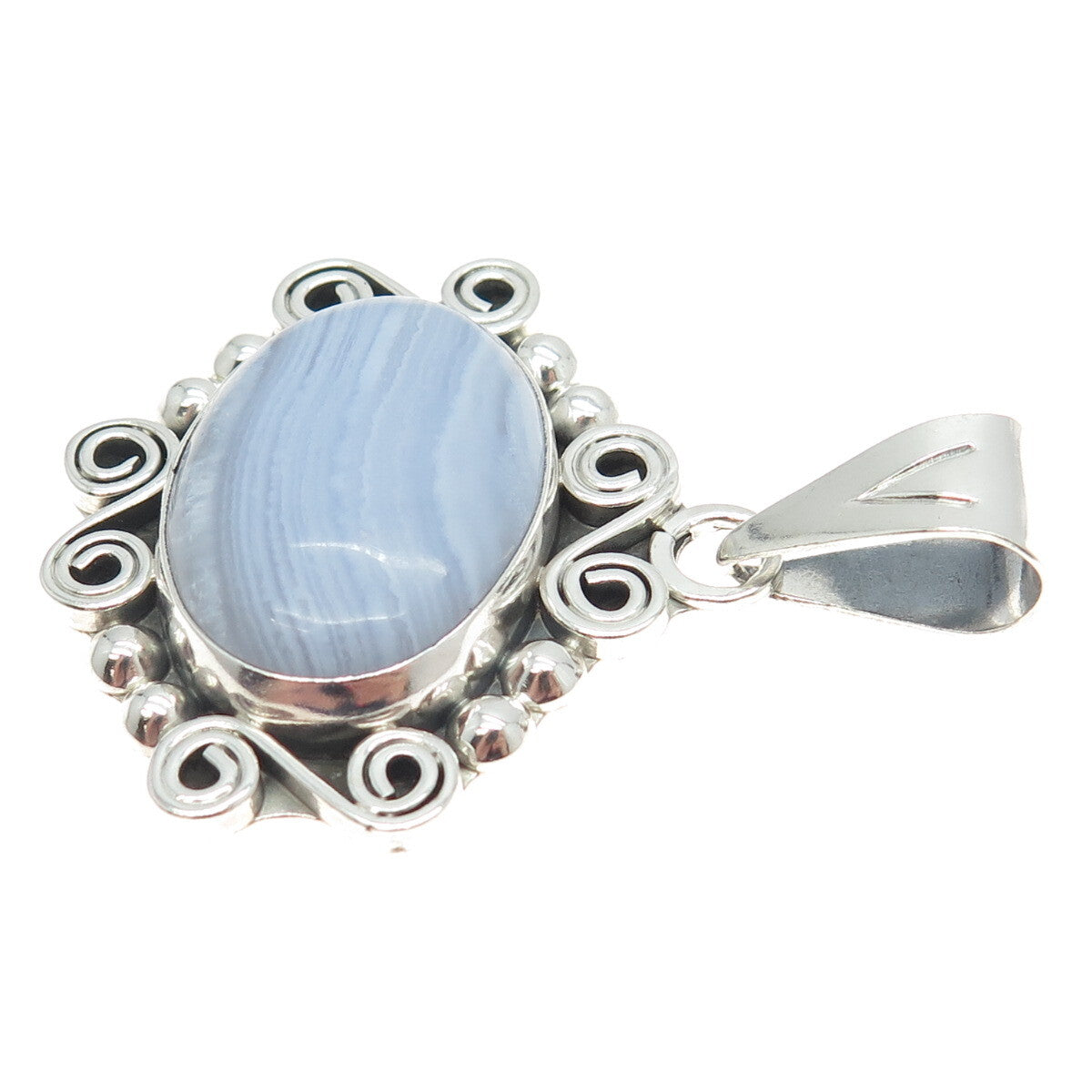 925 Sterling Silver Vintage CII Mexico Real Blue Lace Agate Spiral Pendant